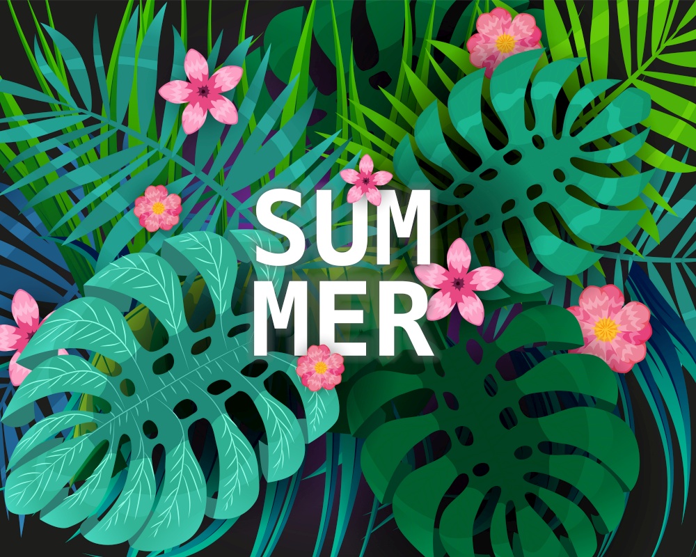 Summer tropical leaves exotical plants palm jungle leaf. Summer tropical leaves exotical plants palm jungle leaf. Trending colors on dark background template banner. Vector illustration isolated