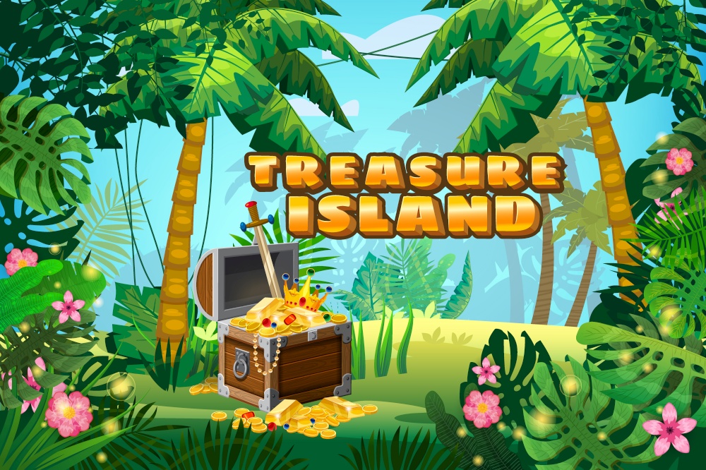 Treasure Island Pirate chest full of gold coins gems crown sword. Jungle tropical forest. Treasure Island Pirate chest full of gold coins gems crown sword. Jungle tropical forest palms different exotic plants leaves, flowers, lianas, flora, rainforest landscape background. For design game, apps, banners, prints. Vector illustration isolated