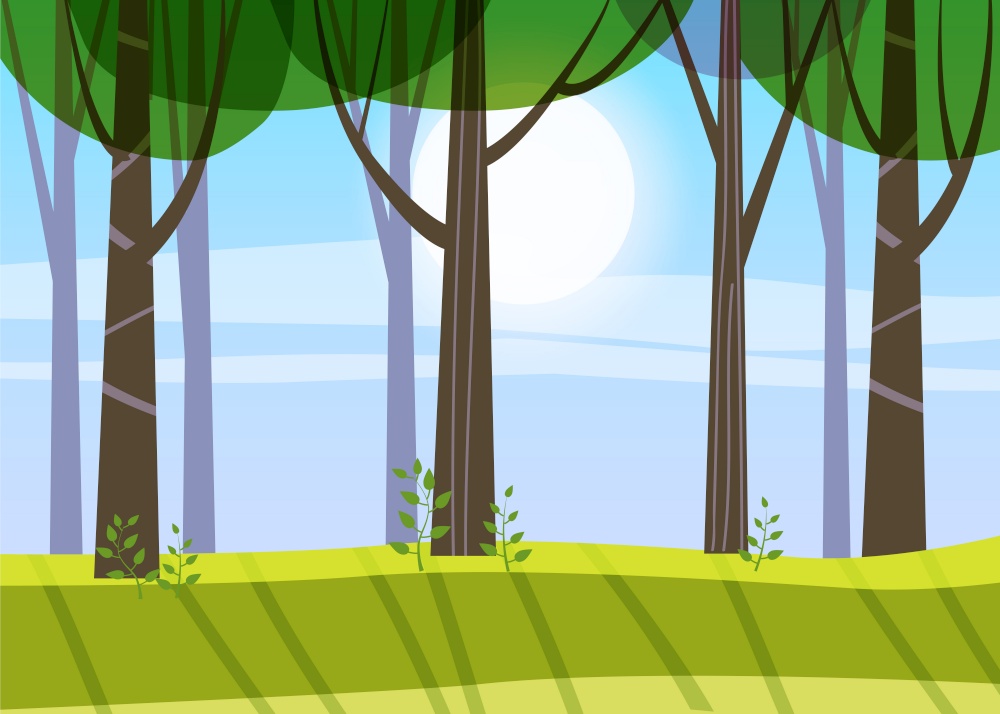 Beautiful Spring forest trees, green foliage, landscape. Beautiful Spring forest trees, green foliage, landscape, bushes, silhouettes of trunks, horizon. Vector minimal style illustration template baner poster isolated