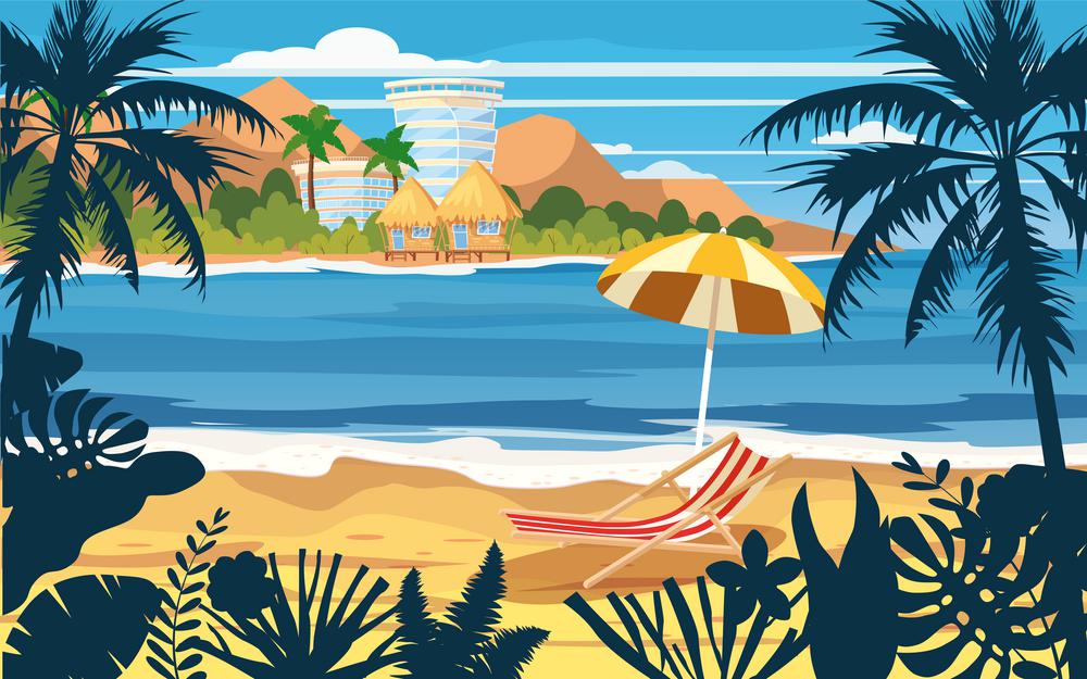 Summer holidays vacation umbrella beach chair seascape landscape ocean sea beach, coast, palm leaves. Tropical leaves, palm trees, template, vector, banner, poster, illustration, isolated
