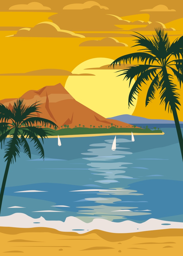 Retro Vintage style travel poster or sticker. Retro Vintage style travel poster or sticker. Tropical island paradise sunset, ocean, beach and palm trees. Summer vacation holiday. Vector, isolated