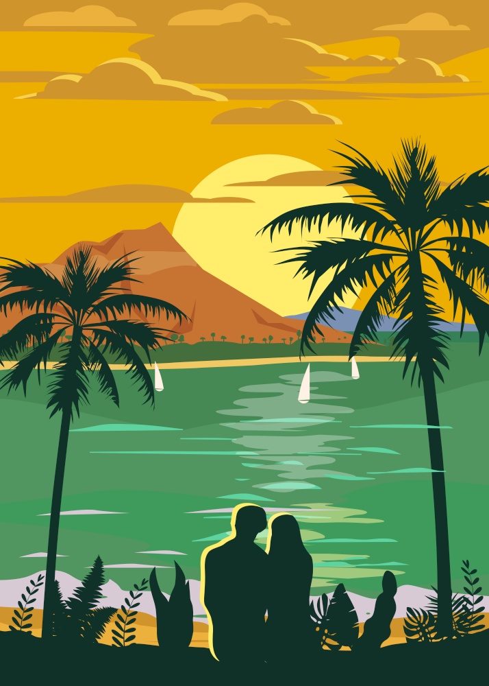 Retro Vintage style travel poster or sticker. Retro Vintage style travel poster or sticker. Tropical island paradise couple of lovers sunset, ocean, beach and palm trees. Summer vacation holiday. Vector, isolated