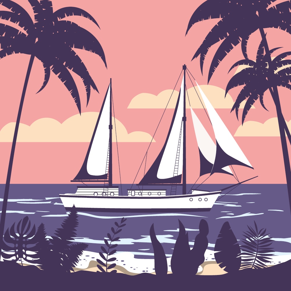 Sailing ship banner retro vintage tropical flora palm silhouettes. Sailing ship banner retro vintage tropical flora palm silhouettes. Nautical ocean sailing yacht or traveling. Vector illustration isolated