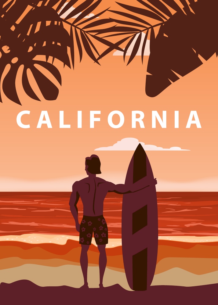 Surfer standing with surfboard on the tropical beach back view retro vintage.. Surfer standing with surfboard on the tropical beach back view. California surfing palms ocean theme retro vintage. Vector illustration isolated template poster banner