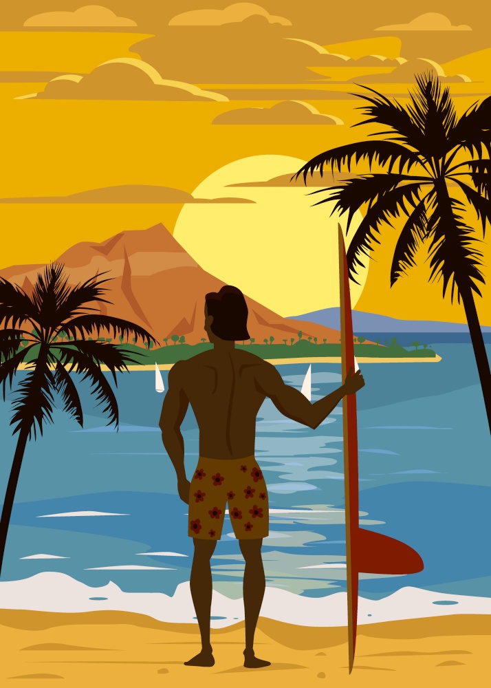 Surfer standing with surfboard on the tropical beach back view. Hawaii surfing palms ocean theme. Surfer standing with surfboard on the tropical beach back view. Hawaii surfing palms ocean theme retro vintage. Vector illustration isolated template poster banner
