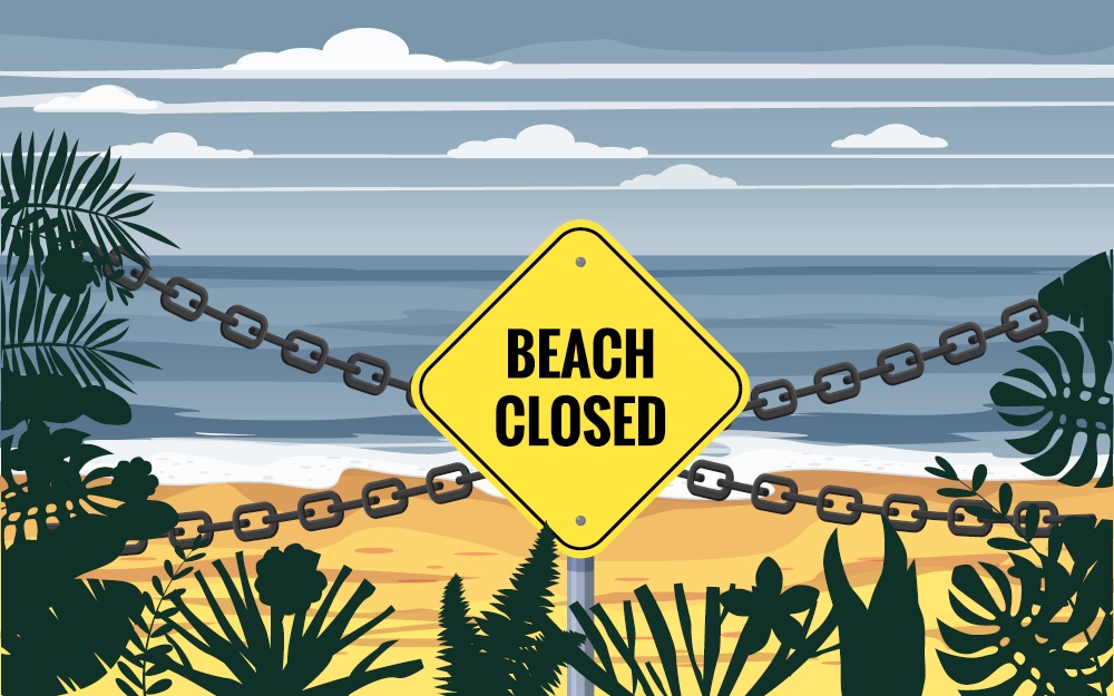 Beach Closed sign chain. Entrance on the beach is closed. Beach Closed sign chain. Entrance on the beach is closed. Summertime palms and plants around. Cartoon vector illustration. Summer vacation on sea coast banned