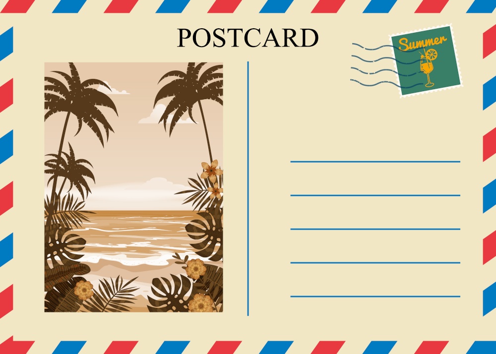 Postacrd summer vintage beach palms ocean. Vacation travel design card with postage stamp. Postacrd summer vintage beach palms ocean. Vacation travel design card with postage stamp. Vector illustration isolated template