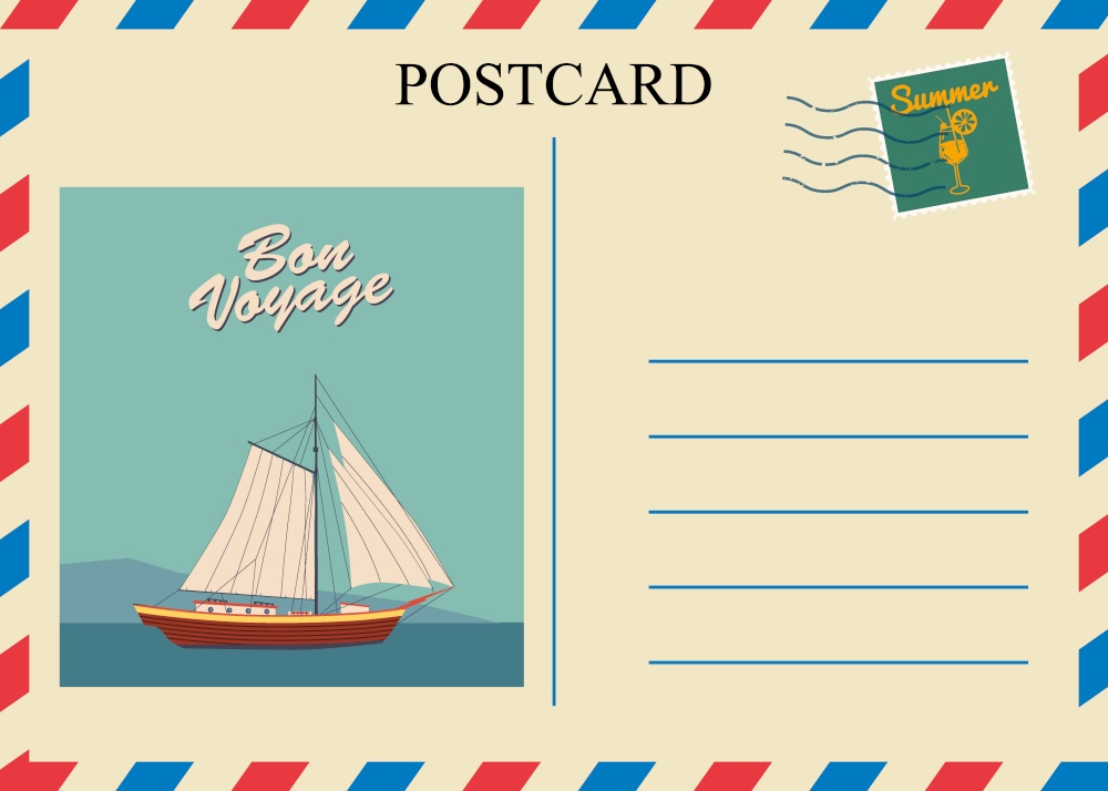 Postacrd summer vintage Sailboat ocean. Vacation travel design card with postage stamp. Postacrd summer vintage Sailboat ocean. Vacation travel design card with postage stamp. Vector illustration isolated template