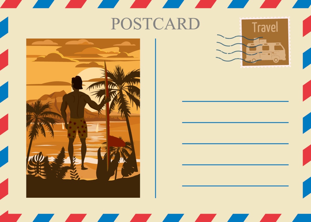 Postacrd summer vintage surfer beach ocean. Vacation travel design card with postage stamp. Postacrd summer vintage surfer beach ocean. Vacation travel design card with postage stamp. Vector illustration isolated template