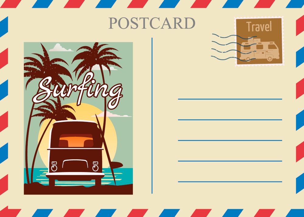 Postacrd summer vintage Van bus surfe ocean. Vacation travel design card with postage stamp. Postacrd summer vintage Van bus surfer ocean. Vacation travel design card with postage stamp. Vector illustration isolated template