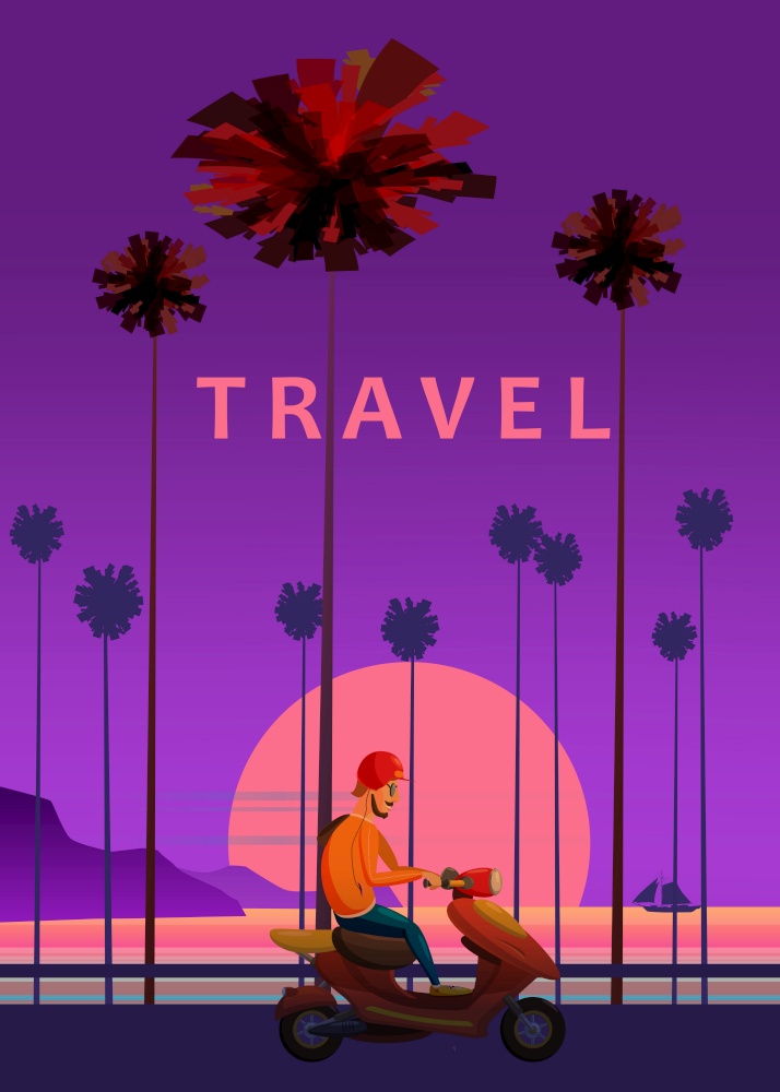 Travel, trip vector illustration. Sunset, ocean, sea, seascape Surfing van bus on road palm beach. Travel, trip vector illustration. Sunset, ocean, sea, seascape. Surfing scooter, moped on road palm beach. Summer holidays. Palm background on road trip, retro, vintage. Tourism concept, cartoon style, isolated