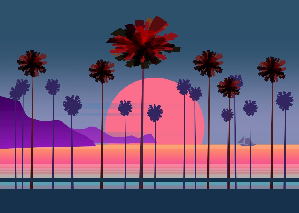 Summer vacation road, tropical beach Sunset, ocean, sea, with Palm trees. Summer vacation road, tropical beach Sunset, ocean, sea, with Palm trees ,vector illustration, poster, baner, isolated