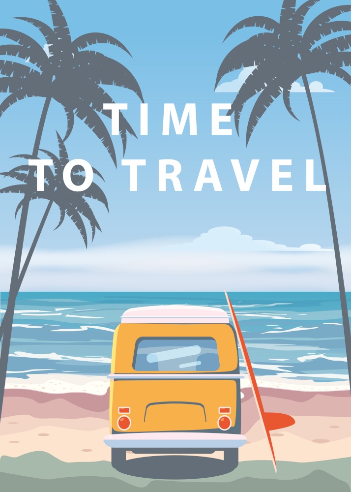 Travel, trip vector illustration. Ocean, sea, seascape Surfing van, camper bus on beach. Travel, trip vector illustration. Ocean, sea, seascape. Surfing van, camper, bus on beach. Summer holidays. Ocean background on road trip, retro, vintage. Tourism concept, cartoon style, isolated