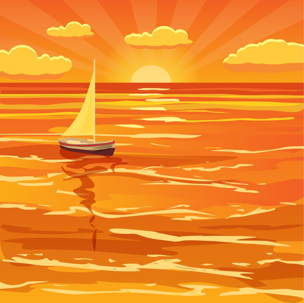 Beautiful sunset seascape, waves, sail boat, clouds