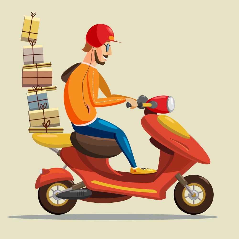 A young Boy riding an orange delivery scooter. Delivery, scooter, driver, pizza, products, goods, vector illustration