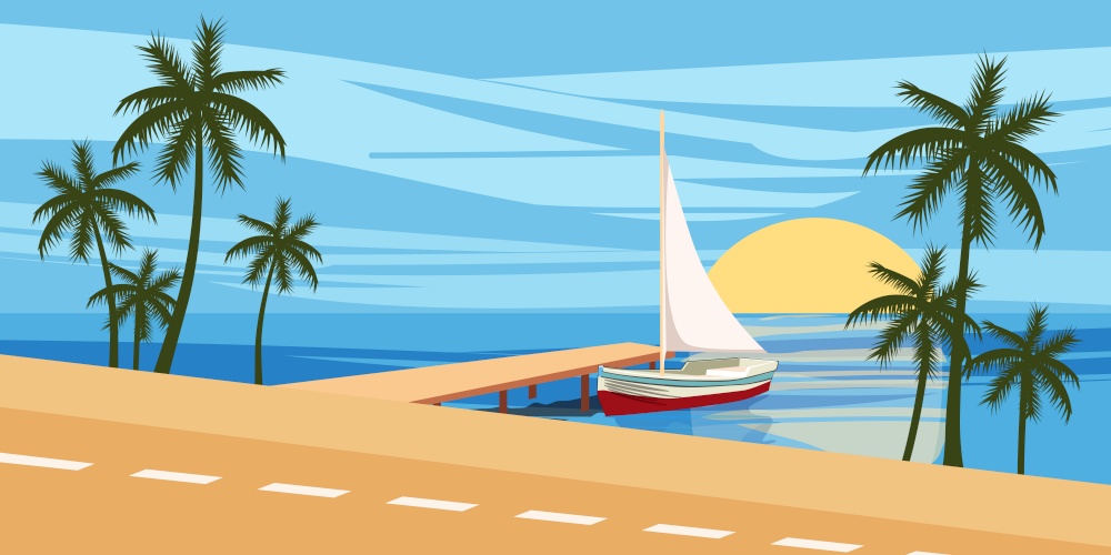 Beach, against the backdrop of a seascape, yacht sailing, palm trees, Cartoon style, vector illustration, isolated. Beach, against the backdrop of a seascape, yacht sailing, palm trees, Cartoon style, vector illustration