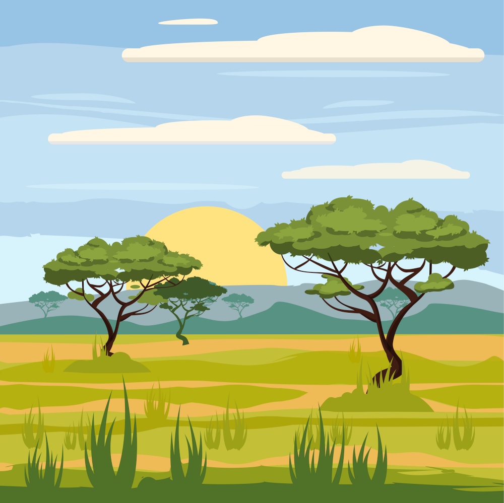 African landscape, savannah, nature, trees, wilderness cartoon style vector illustration isolated. African landscape, savannah, nature, trees, wilderness, cartoon style, vector illustration