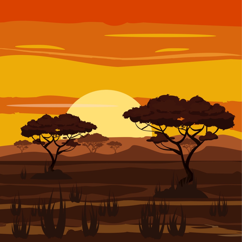 African landscape, savannah, nature, trees, wilderness cartoon style vector illustration isolated. African landscape, sunset, savannah, nature, trees, wilderness, cartoon style, vector illustration