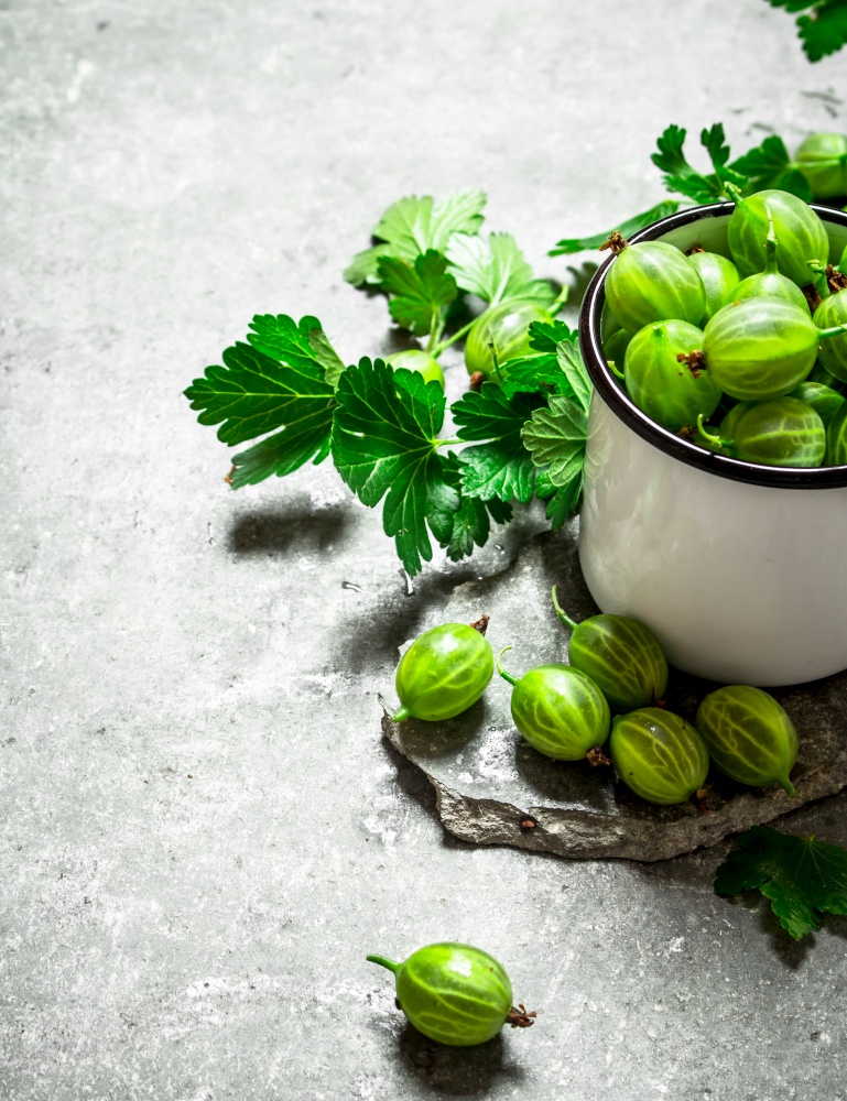 Gooseberries and leaves in a mug. On the stone table.. Gooseberries and leaves in a mug. On stone table.