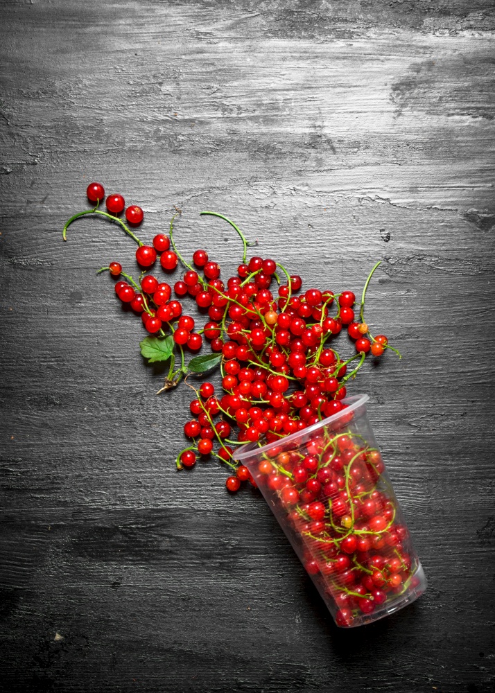 glass of red currants. On a black wooden background.. glass of red currants. On black wooden background.