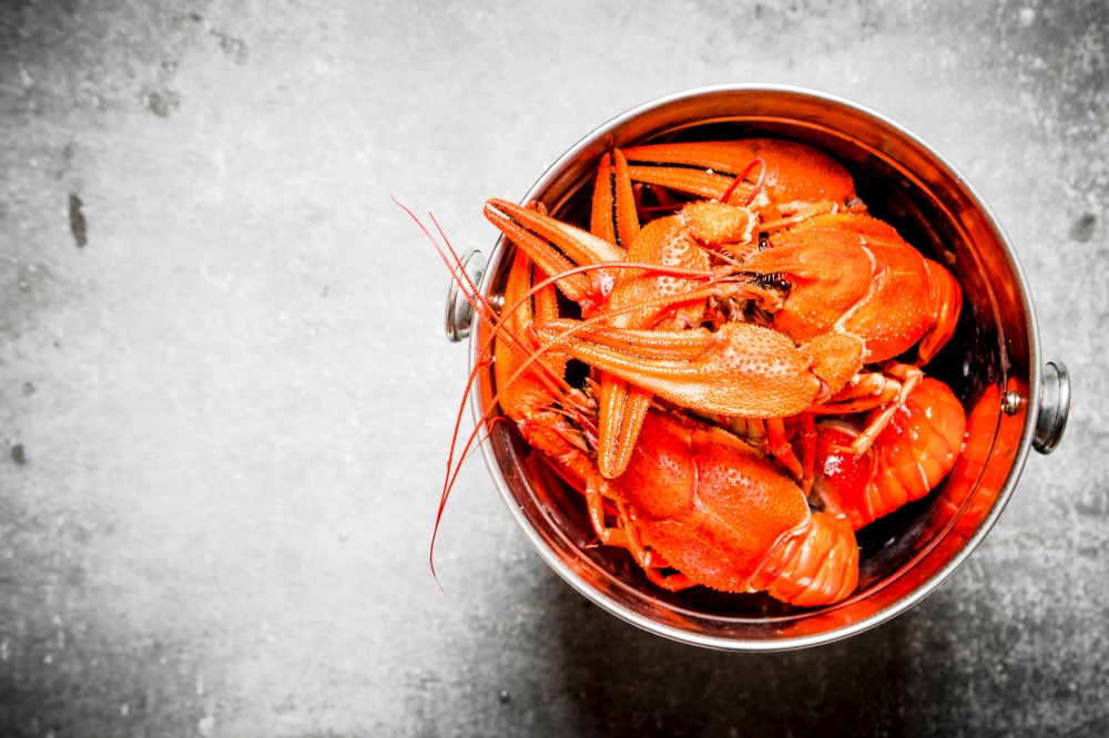 Boiled crawfish in a steel bucket. On a stone background.. Boiled crawfish in a steel bucket.