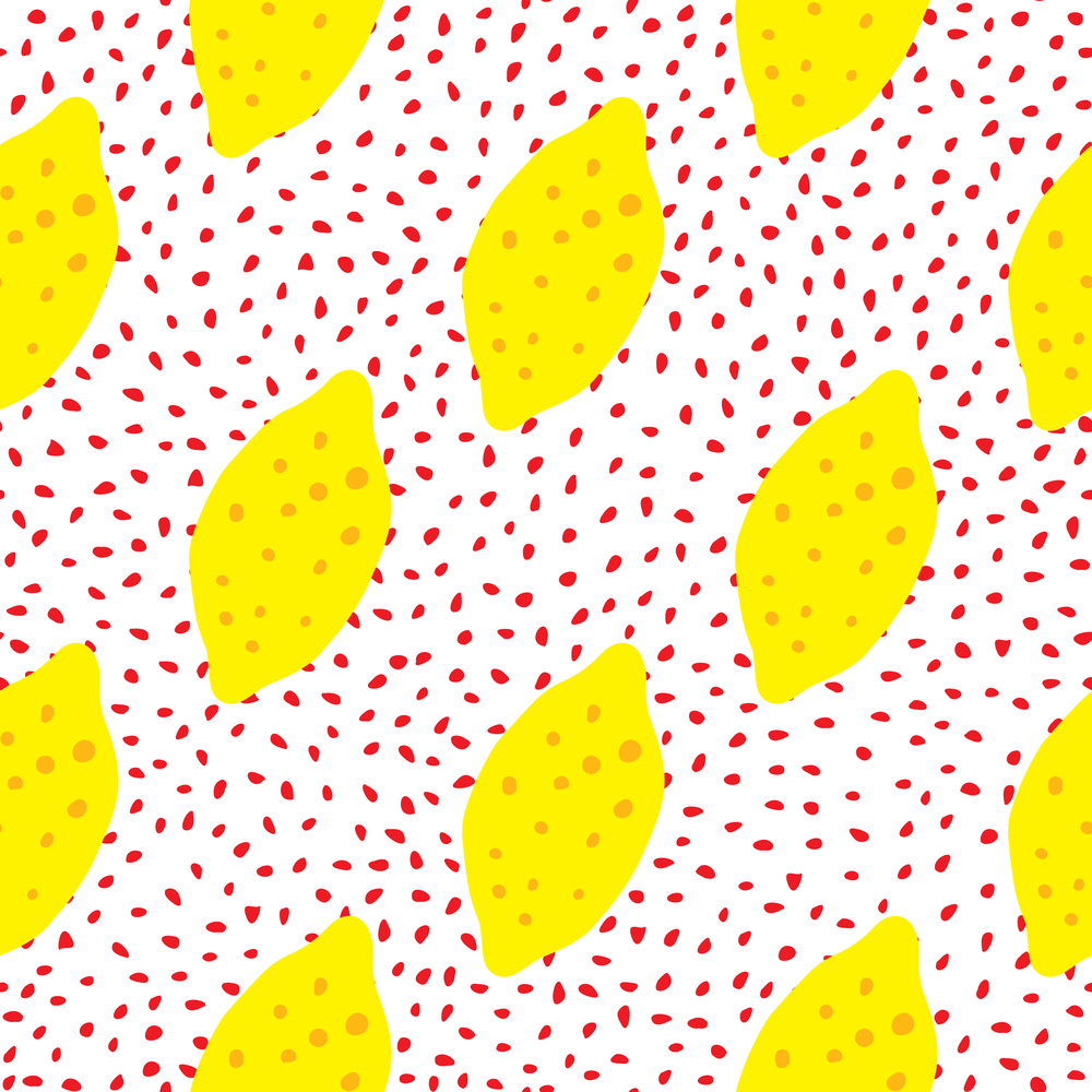 Funny lemon seamless pattern on dots background. Hand drawn citrus fruits wallpaper. Modern design for fabric, textile print, wrapping paper, kitchen textiles. Vector illustration. Funny lemon with leaf seamless pattern on dots background. Hand drawn citrus fruits wallpaper.