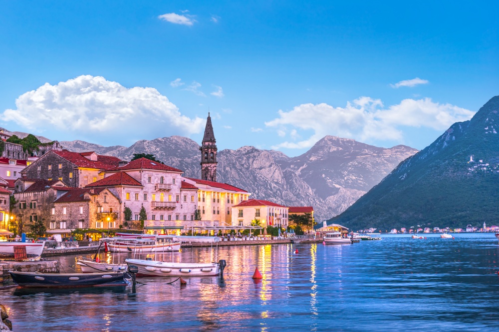 Evening illumination in the small montenegrin town Perast