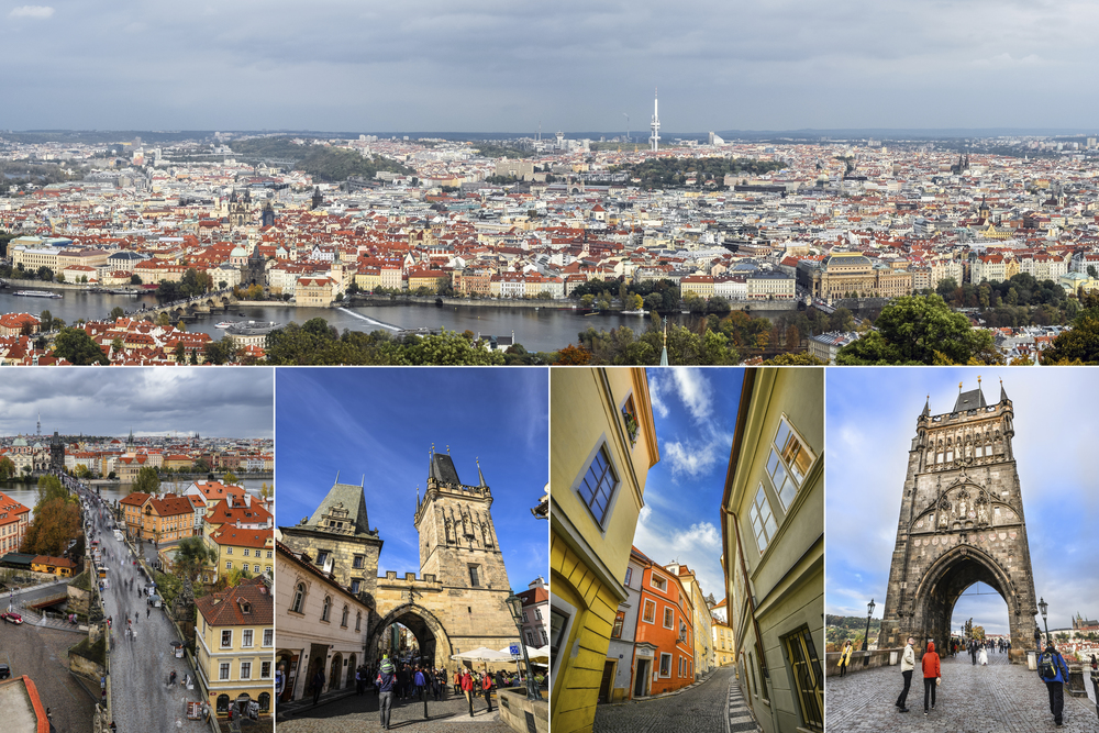 Prague, Czech Republic - December 12, 2019: Collage of landmarks of Prague, Czech Republic. Collage of landmarks of Prague, Czech Republic