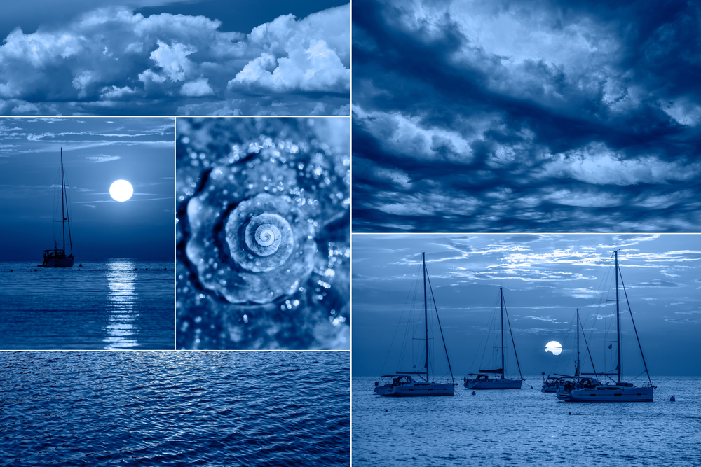 Sea related collage with storm waves, shell and yachts. Trendy Banner toned with color of the year 2020 - classic blue. Sea vacation concept. Sea related collage with storm waves, shell and yachts.