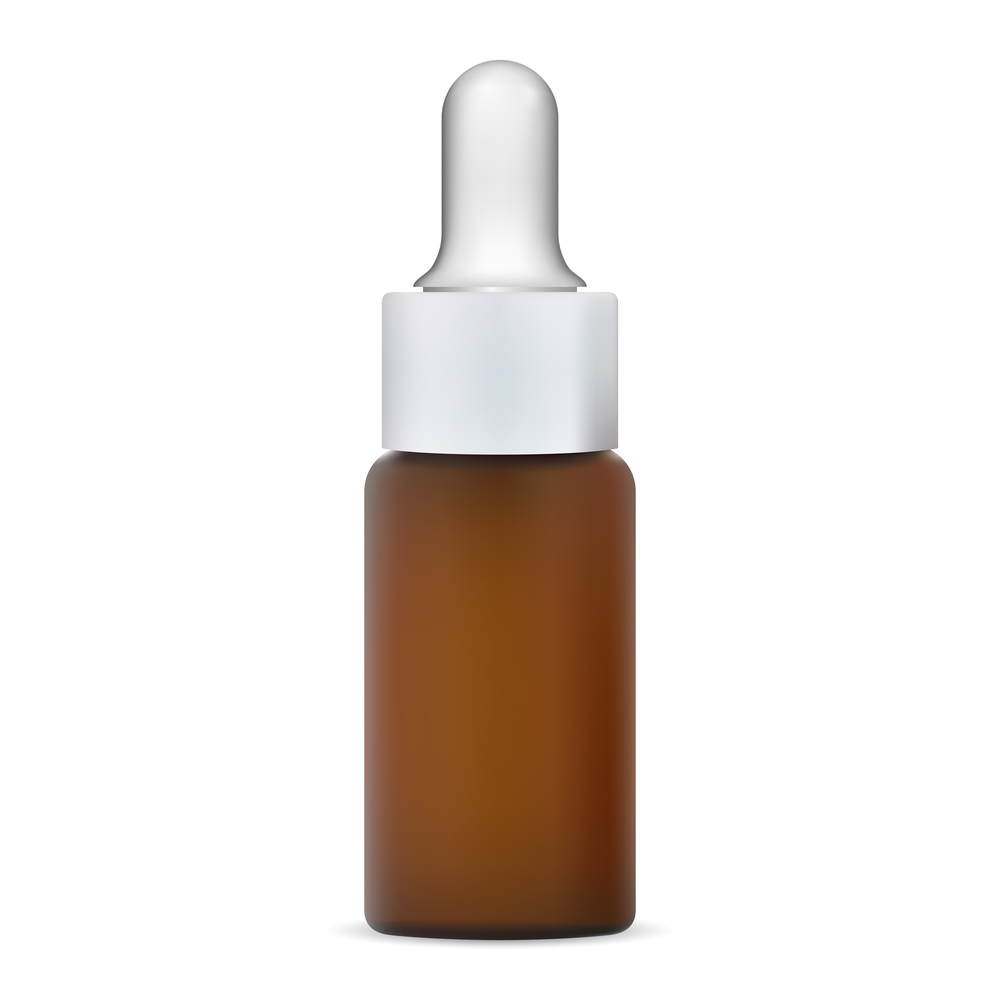 Essential oil bottle. Dropper vial for serum essence. Organic herb beauty brown flask with eyedropper cap. Realistic amber glass pharmacy container for liquid medicine treatment. Essential oil bottle. Dropper vial serum essence