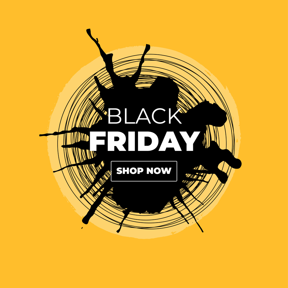 Black Friday Sale Vector Banner with Ink Brush Paint Circle and Black Splashes.Label Shop Design with Shop Now Outline Button. Black Friday Sale Vector Banner with Ink Brush Paint Circle and Black Splashes.Label Shop Design