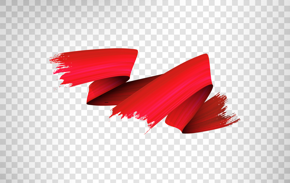 Freehand paint brush stroke realistic illustration. Flamboyant acrylic paint zig zag smears isolated on transparent background. Grunge style texture with metallic glow and red color gradient effect. Red paint brush stroke realistic illustration