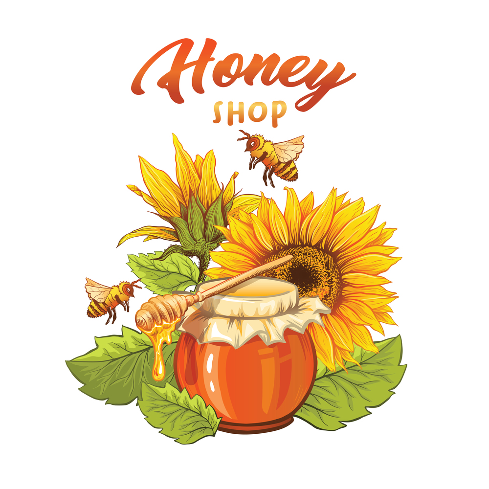 Organic honey shop flat banner vector template. Natural product, beeswax sale business. Beekeeping, apiary cartoon poster layout. Pot with dipper, bees and sunflowers illustration with lettering. Sunflower honey shop flat banner vector template