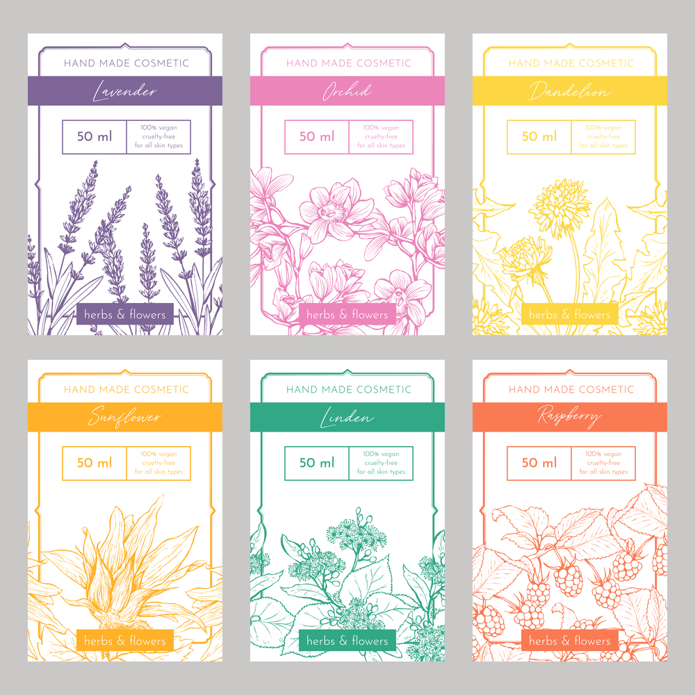 Hand made cosmetics hand drawn vector packaging templates set. Natural beauty product branding, identity design. Eco skincare with herbs organic ingredients. Wildflowers with typography. Handmade organic cosmetics vector packaging templates set