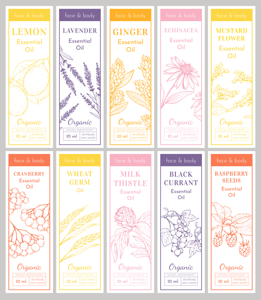 Cosmetic Essencial Oils Vertical tags. Vector Print Template Set of Flyers or banners. Lavender, Echinacea Herbs. Raspberry Seeds, Black Currant Engraved Berries. Lemon Fruit Sketches.. Cosmetic essencial oils vertical tags. Vector Print Template Set of Flyers or banners.