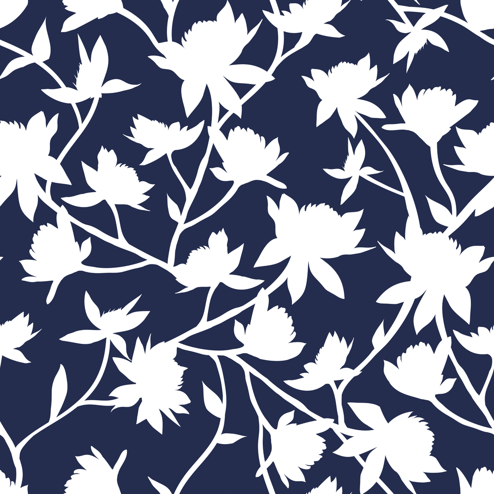 Clover Flowers Seamless Vector Pattern. White Silhouettes on Dark Blue Trendy Color Background. Honey Flowers Surface Texture. Simple Modern Printable Wallpaper Design or Scrapbook Paper Texture. Clover Flowers Seamless Vector Pattern. White Silhouettes on Dark Blue Trendy Color Background. Honey Flowers Surface Texture.