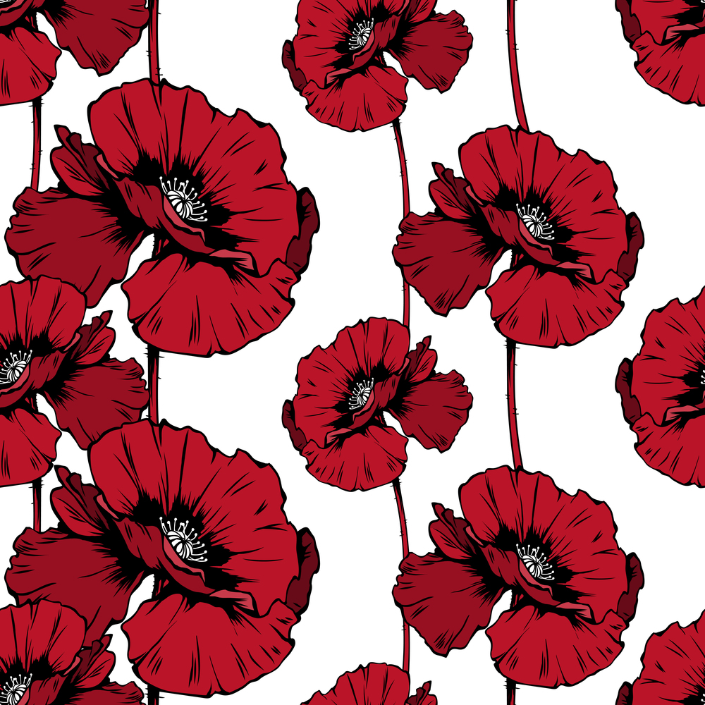 Poppies blossom hand drawn seamless pattern. Floral ink pen color texture. Wild flowers color illustration. Field wildflower vintage freehand drawing. Wallpaper, wrapping paper, textile design. Red poppies hand drawn seamless ink pen pattern