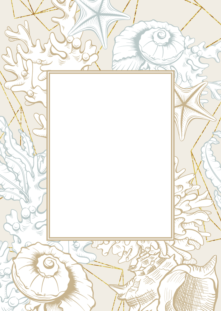Vertical Frame with Beige Seashells. Isolated vector poster with contour drawing sea shells for wedding design and thank you cards templates.. Vertical Frame with Seashells. Isolated vector poster with contour drawing sea shells for wedding design cards templates.