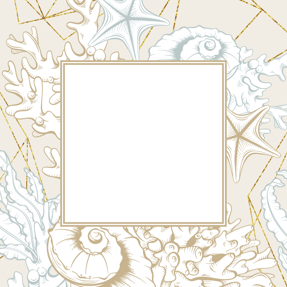 Square Frame with Golden Seashells. Isolated vector poster with contour drawing sea shells for wedding design and thank you cards templates.. Square Frame with Seashells. Isolated vector poster with contour drawing sea shells for wedding design cards templates.