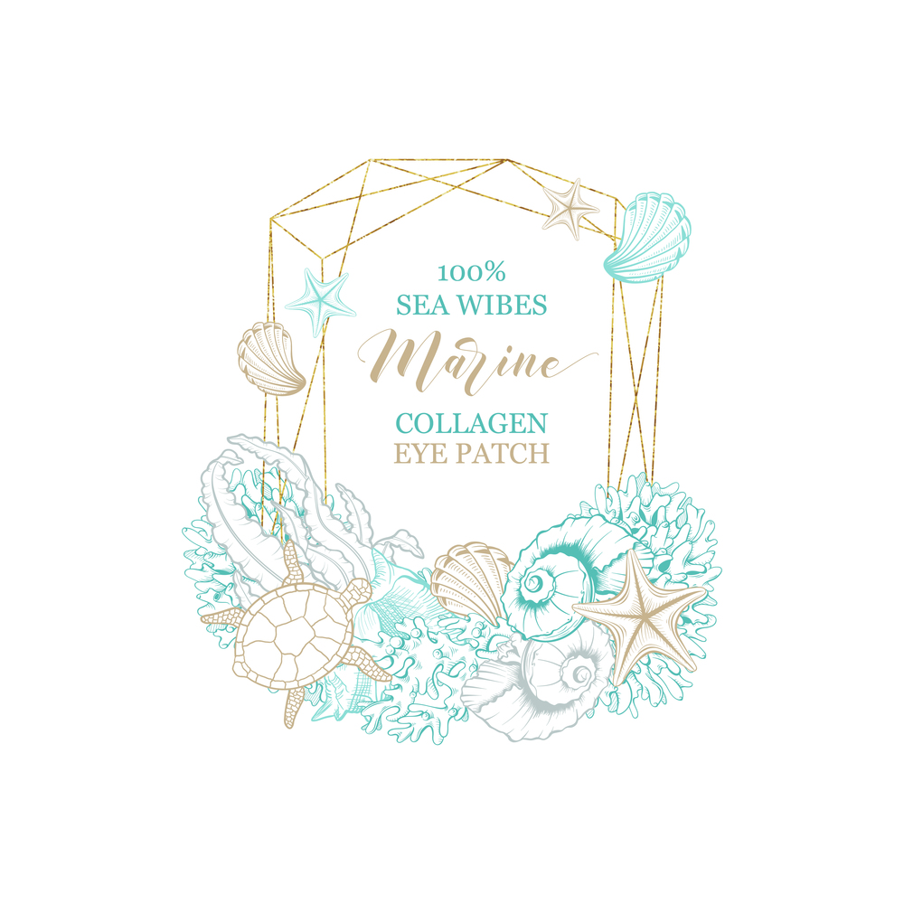 Marine and sea water collagen cosmetics, eye patch package vector luxury golden design. Art line hand drawn ocean seashells, algae and coral with starfish in gold geometric frame wreath. Marine sea water collagen eye patch golden design