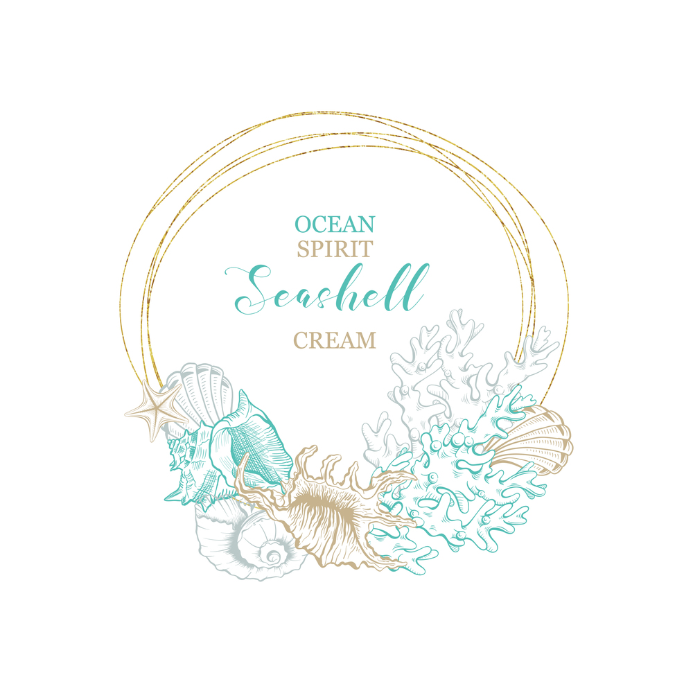 Sea water and marine algae cosmetics package, vector premium golden art line design. Ocean seashell and dead sea minerals skincare and body care product, corals and starfish in gold foil circle wreath. Marine seashell cream, organic water cosmetics