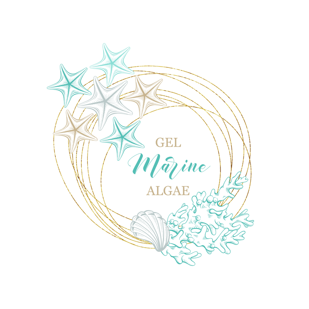 Marine and algae seaweeds cosmetic package vector premium hand drawn design. Golden foil wreath frame with sketch corals, seashell and starfish for water collagen cream, skincare gel or moisturizer. Marine algae and sea water cosmetics gel design