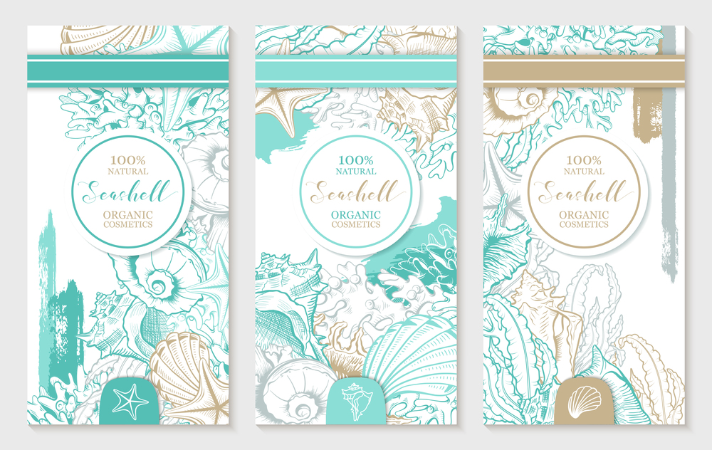 Vertical Design Template with Pastel Turquoise and Gold Seashells. Printable Cosmetic Vector Design with Sketch Hand-drawn Corals and Brush Stroles, Contour Navy Seashells Drawings. Marine Flyers. Vertical Design Template with Pastel Turquoise and Gold Seashells. Printable Cosmetic Vector Design