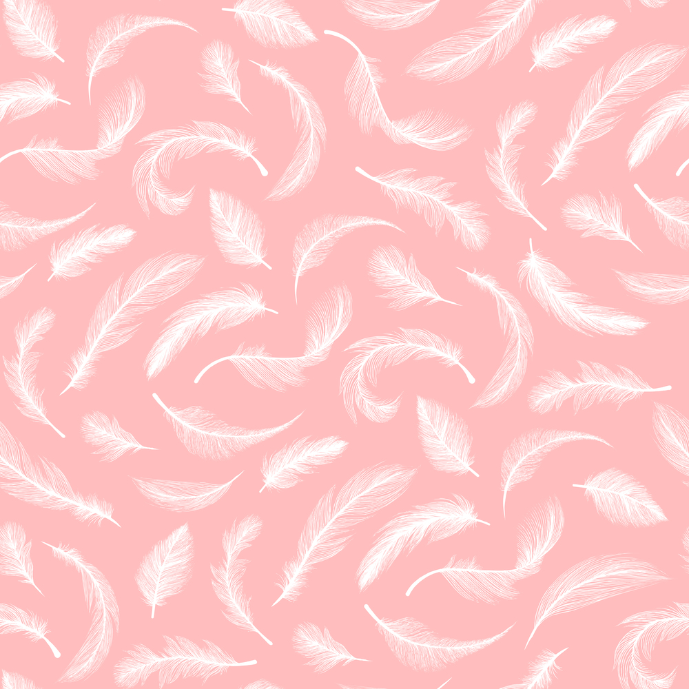 Feathers pattern on pink background, vector seamless decoration and ornate textile design. Abstract different shape flying white fluffy feather with down fluff plume texture, wallpaper ornament. White fluffy feathers seamless pattern background