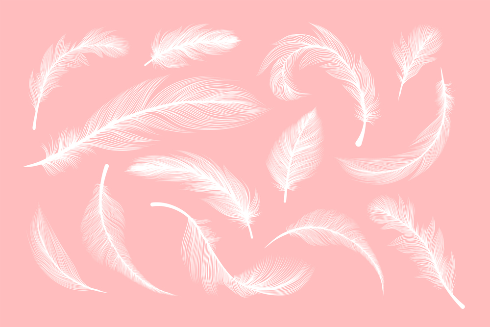 White Feathers, vector silhouettes with fluffy plumage texture. Feather quills flying and falling, abstract bird plume white on pastel pink background, isolated design elements with laser cut effect. Fluffy white feathers, flying plume quills silhouettes