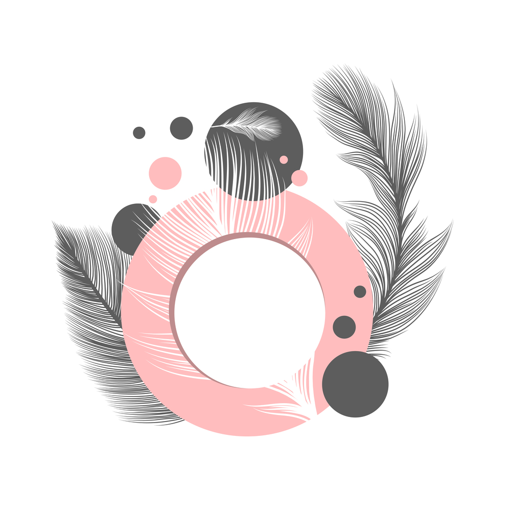 White fluffy feathers on pink circle frame, vector abstract background. Fluffy feathers and plumage quills and dots pattern wedding or birthday decoration modern simple minimal design elements. Fluffy feathers, abstract circle frame background
