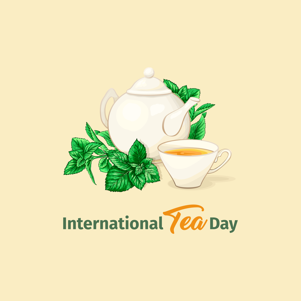 Ceramic Teapot and Tea cup. Mint Tea and Green Leaves. Isolated and Detailed Herbal Vector Illustration. Marker Hand Drawn Illustration. Porcelain Service for Banner Design, Restaurant Menu.. International Tea Day Poster. Vector Herbal Tea Banner Template