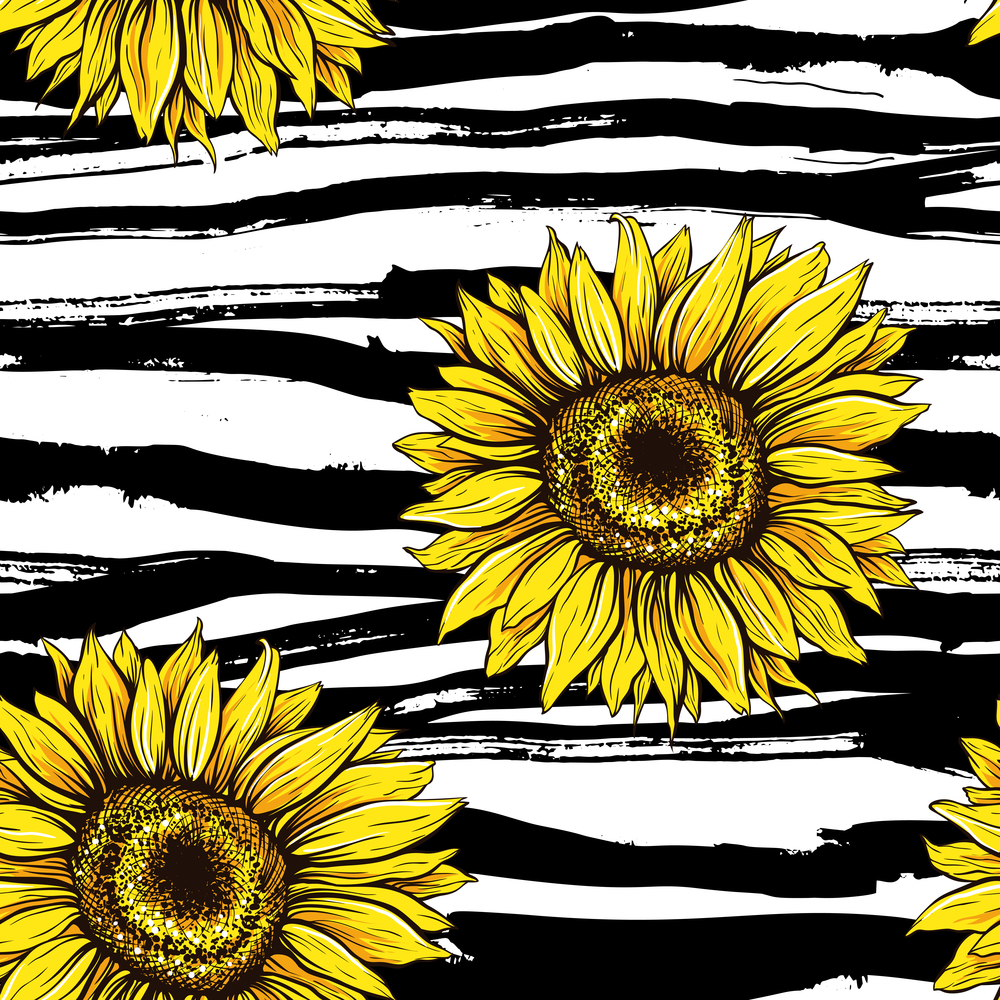 Sunflowers field seamless vector pattern for fabric textile design. Horizontal stripped brush strokes, ready to print. Yellow wildflowers with black artistic abstract lines. Sunflowers field seamless vector pattern for fabric textile design. Horizontal stripped brush strokes, ready to print.
