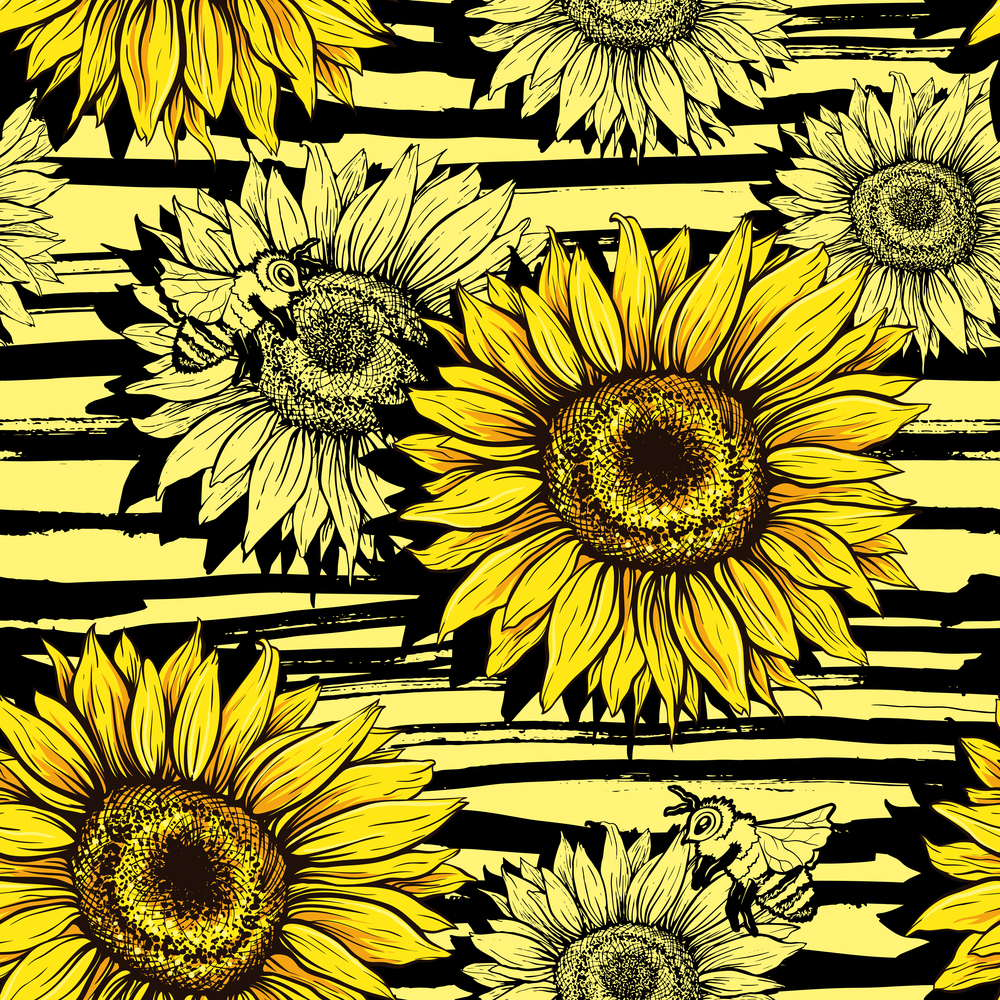 Sunflowers field seamless vector pattern for fabric textile design. Horizontal stripped brush strokes, ready to print. Yellow wildflowers with black artistic abstract lines. Sunflowers field seamless vector pattern for fabric textile design. Horizontal stripped brush strokes, ready to print.