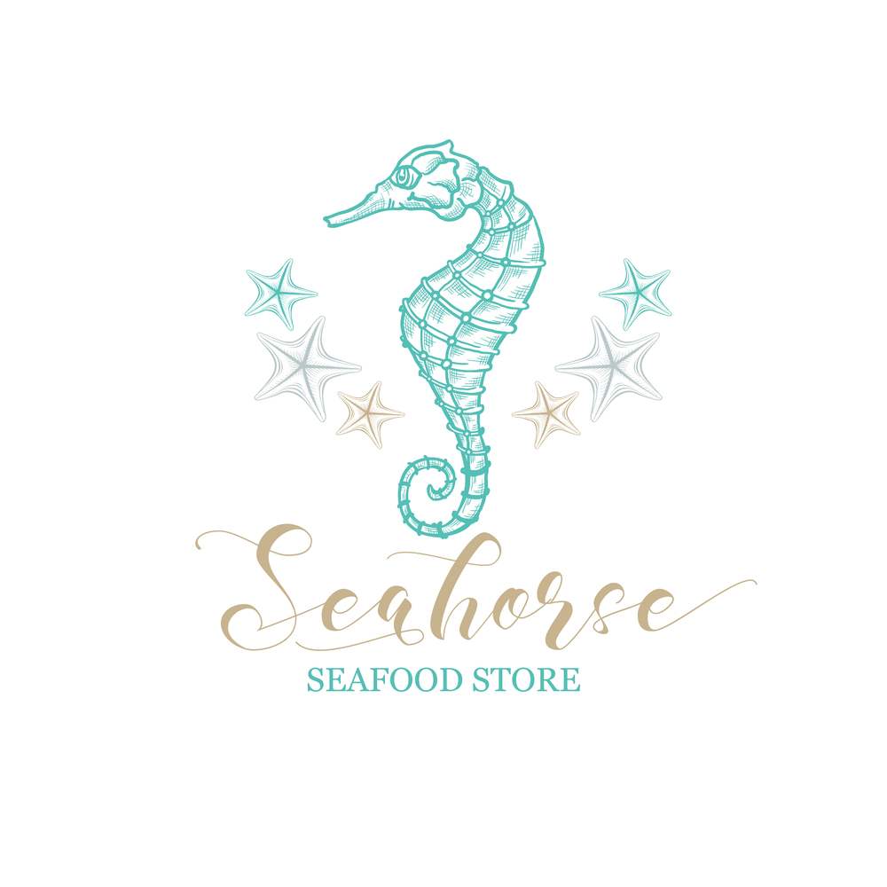 Seahorse vector logo for seafood store and fish market shop. Marine seahorse and starfish of premium quality stars with golden calligraphy in thin line drawing art design and pencil hatching style. Seahorse, starfish, seafood store and fish market